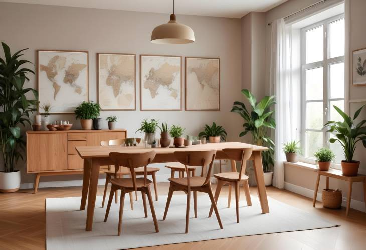 Modern Dining Room with Craft Wooden Table, Elegant Accessories, Green Plants, and Map Poster