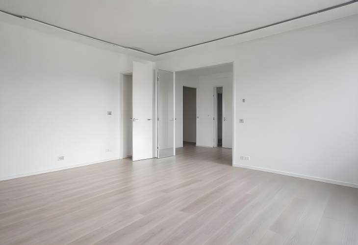 Modern Empty Living Room with White Walls, Laminated Floor, and Doors to Balcony