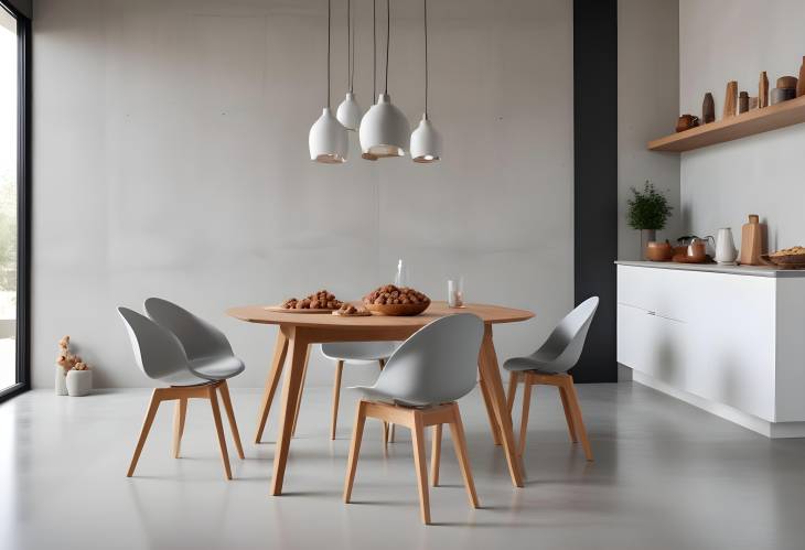 Modern Family Dining Area Wooden Table, Stylish Chairs, Nuts Plate, Salt and Pepper Shakers on floor