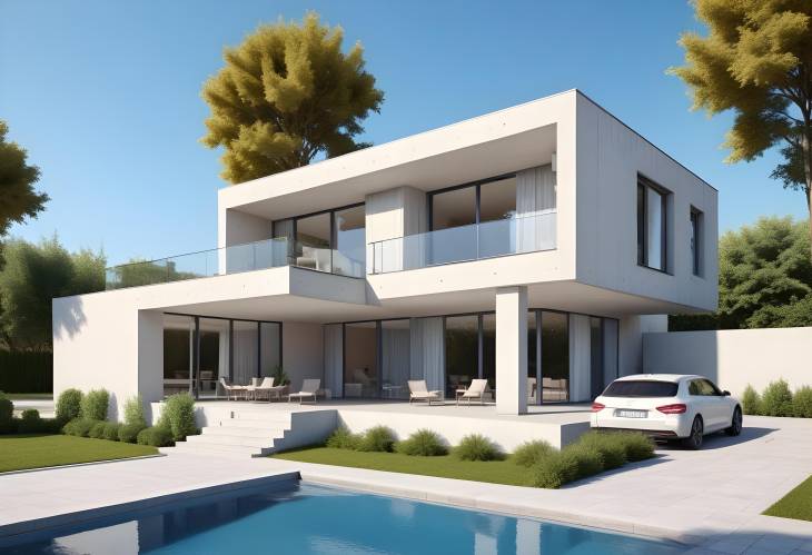 Modern Flat Roof House 3D Render with Pool and Parking Concrete Facade and Beautiful Landscaping