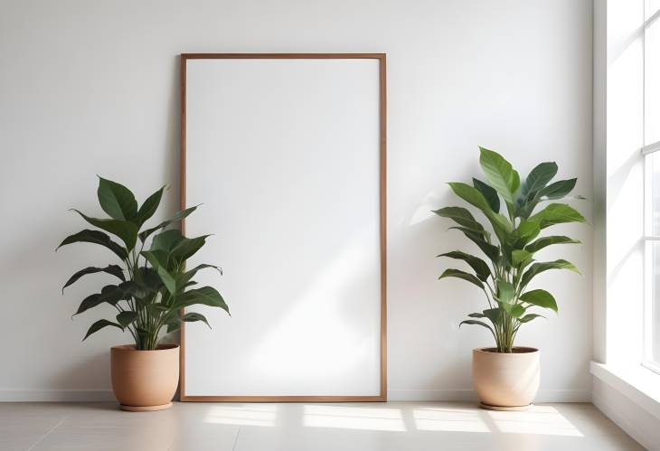 Modern Frame Mockup Poster in Minimalist Style on White Wall with Plant 50x70, 20x28, 20RP Sizes,