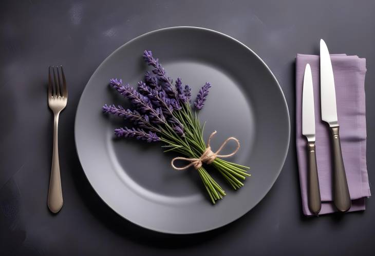 Modern gray ceramic plate with lavender on dark minimalist table