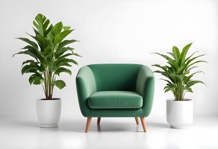 Modern Green Armchair with a Small Plant Isolated Against a White Background