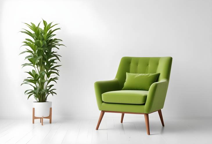 Modern Green Armchair with a Small Plant Isolated on White Background