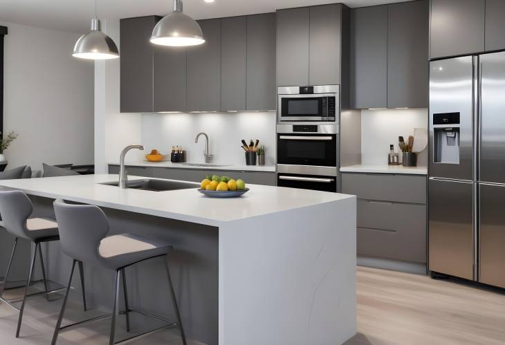 Modern Grey Kitchen in Luxury Apartment with Premium Stainless Steel Appliances