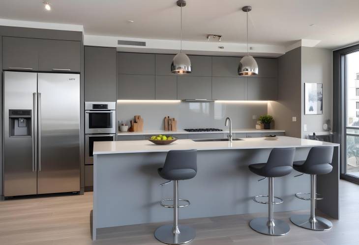 Modern Grey Kitchen with Elegant Stainless Steel Appliances in a High End Apartment