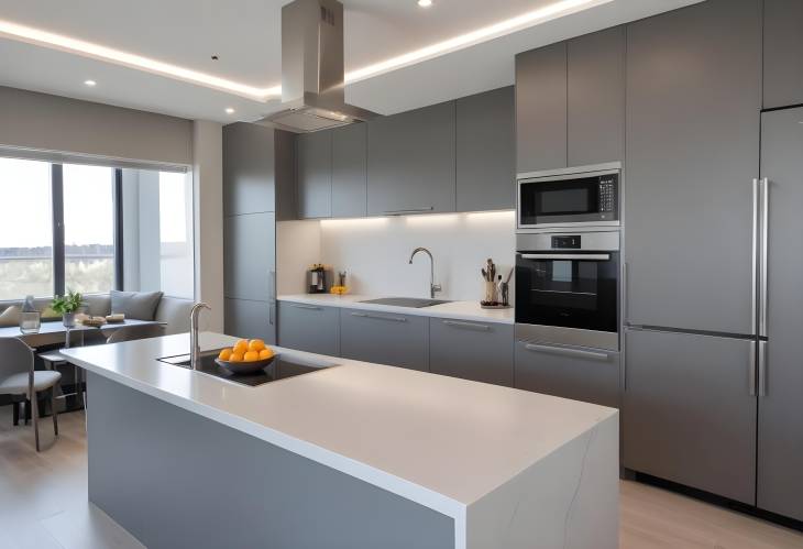 Modern Grey Kitchen with Elegant Stainless Steel Appliances in a Luxury Apartment Setting