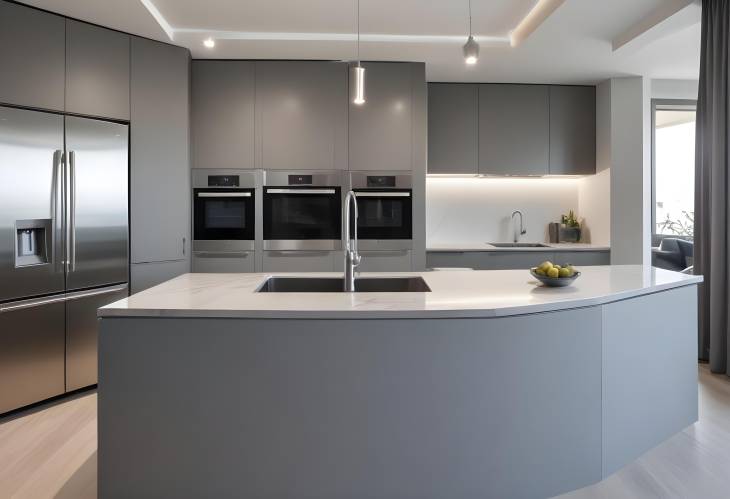 Modern Grey Kitchen with Stainless Steel Appliances in a Beautiful Luxury Apartment