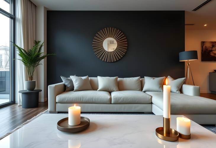 Modern interior with stylish sofa and burning candles, creating a warm and inviting living room