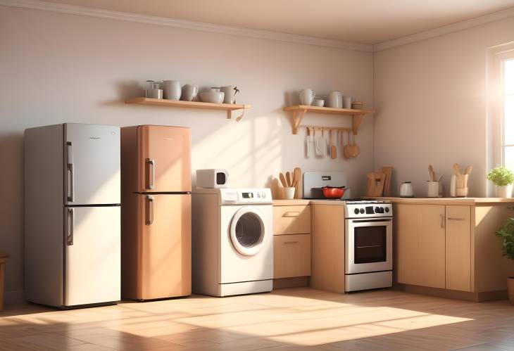 Modern Kitchen Appliances in 3D Sunlit Room Illustration