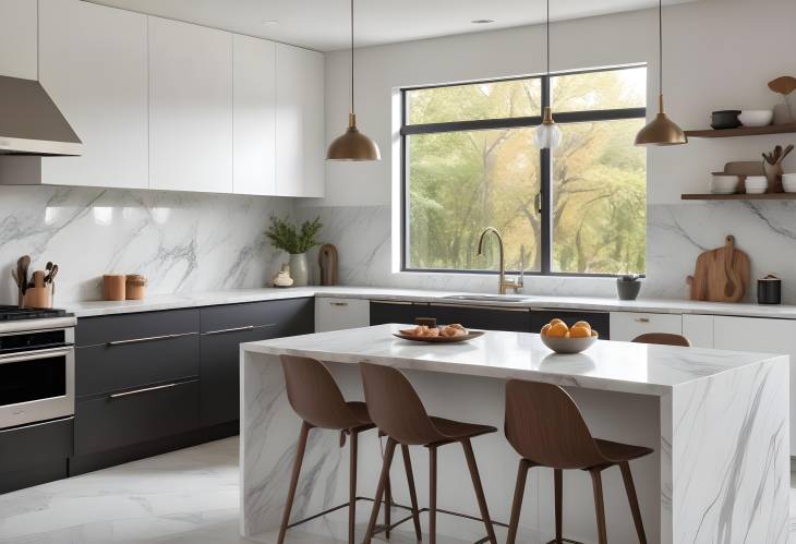 Modern Kitchen Interior with Sleek Appliances, Marble Countertops, and a Cozy Breakfast Nook by the