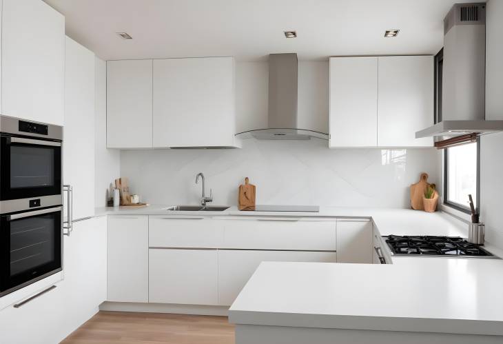 Modern kitchen interior with sleek white counters and builtin oven, perfect for a clean aesthetic