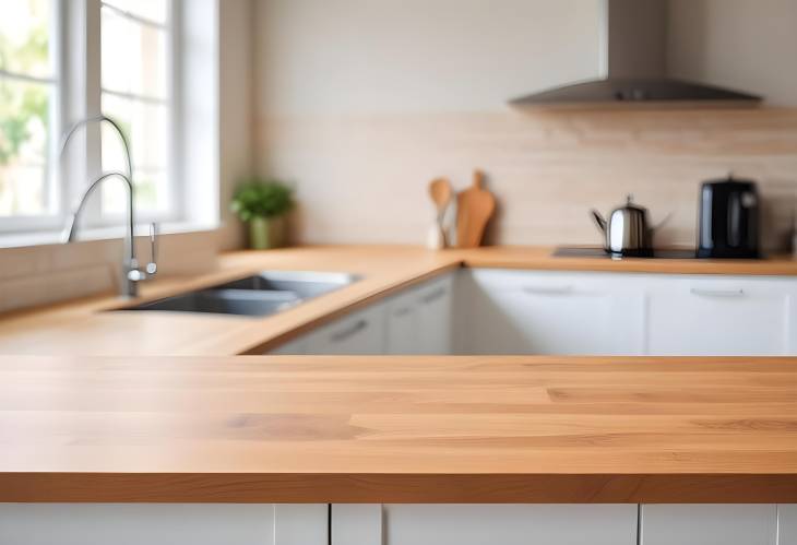 Modern kitchen with bokeh background and empty wood table top, perfect for clean product showcase