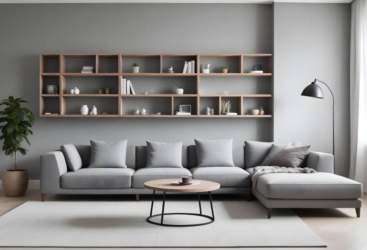 Modern lightfilled living room with grey sofa, coffee table, and shelf units, offering a cozy ambi