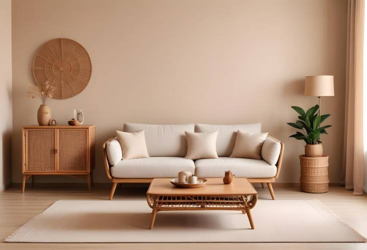 Modern Living Room with Beige Sofa, Wooden Coffee Table, and Rattan Sideboard