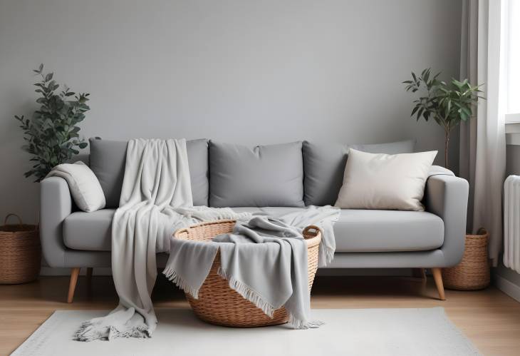 Modern Living Room with Cozy Grey Sofa, Soft Blanket in Basket, and Light Decor