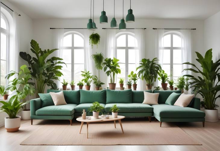 Modern Living Room with Green Plants, Comfy Sofas, and Chic Decor