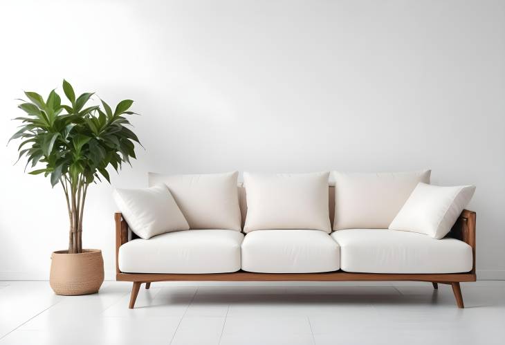 Modern Living Room with Sofa, Armchair, and Indoor Plant on White Background