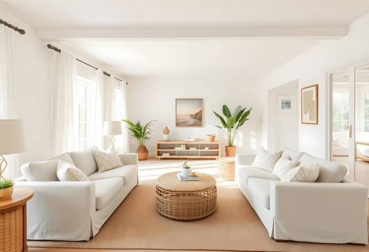 Modern living room with sofas, rattan table, and soft carpet, creating a bright and inviting space