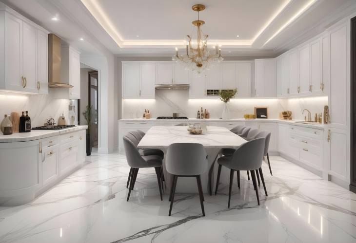 Modern Luxury Home with White Marble Kitchen Connected Dining and Living Areas in Chic Design