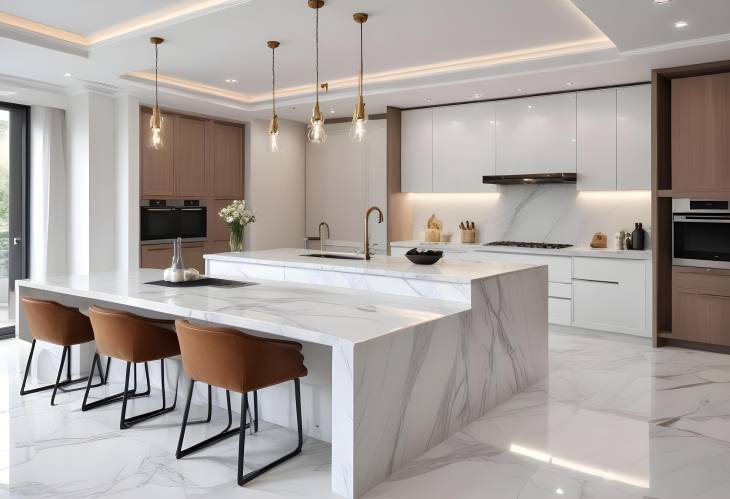 Modern Luxury Home with White Marble Kitchen Open Concept Living and Dining Areas in Style