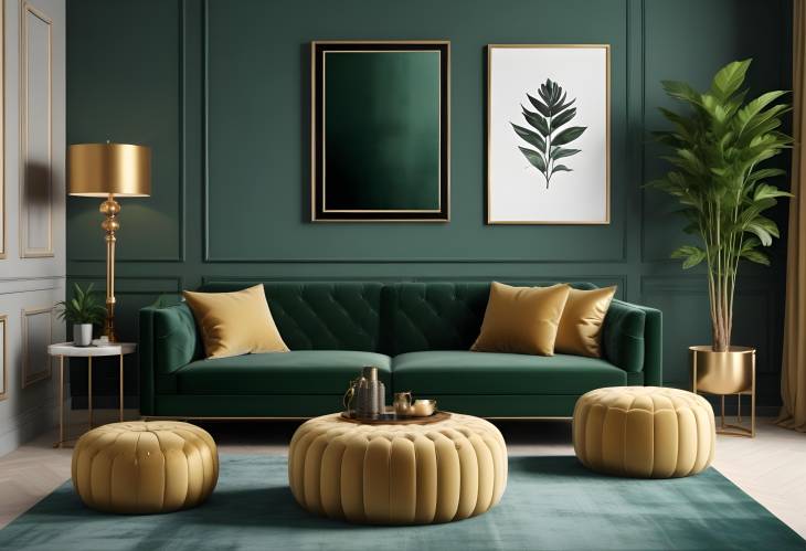 Modern Luxury Living Room with Green Velvet Sofa, Gold Accents, and Elegant Design Elements