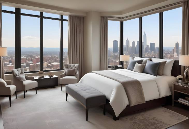 Modern Luxury Suite with Plush Bedding, Stylish Decor, and Scenic City Views