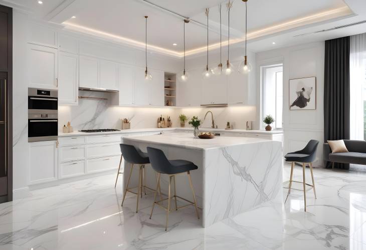 Modern Luxury White Marble Kitchen with Integrated Dining and Living Areas Elegant Home Design