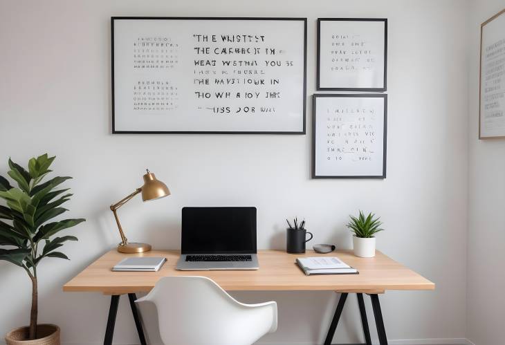 Modern Minimalist Workspace with Clean Desk, Laptop, and Inspirational Wall Quotes