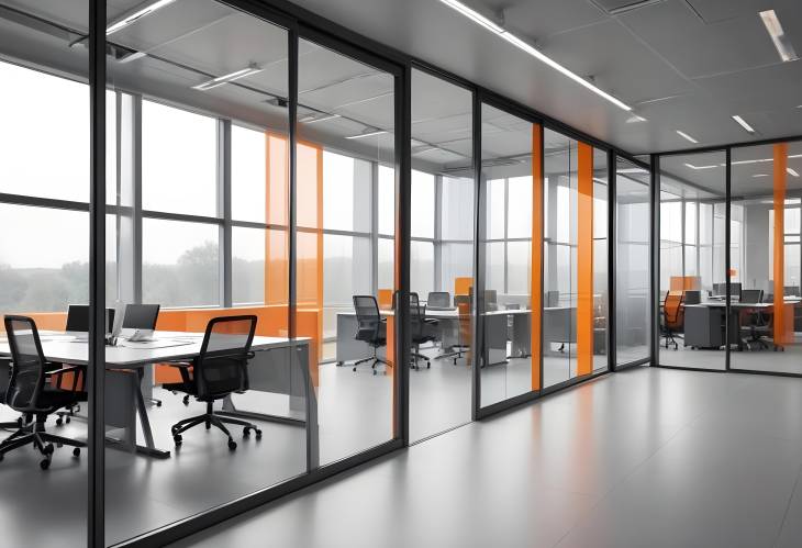 Modern Office Interior in Gray Tones with Panoramic Windows, Glass Partitions, and Orange Accents