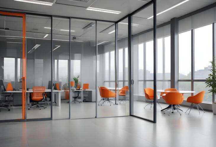 Modern Office with Gray Tones, Panoramic Windows, Glass Partitions, and Orange Accents  Blurred