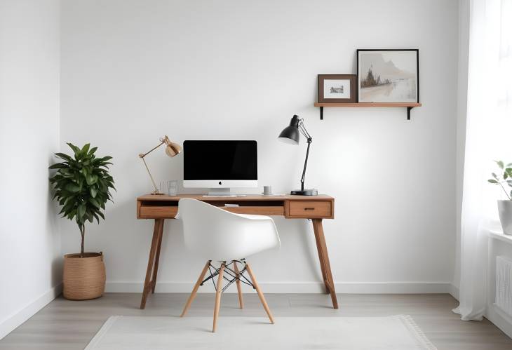 Modern Office with Wooden Desk and White Wall  Comfortable and Stylish Indoor Workspace