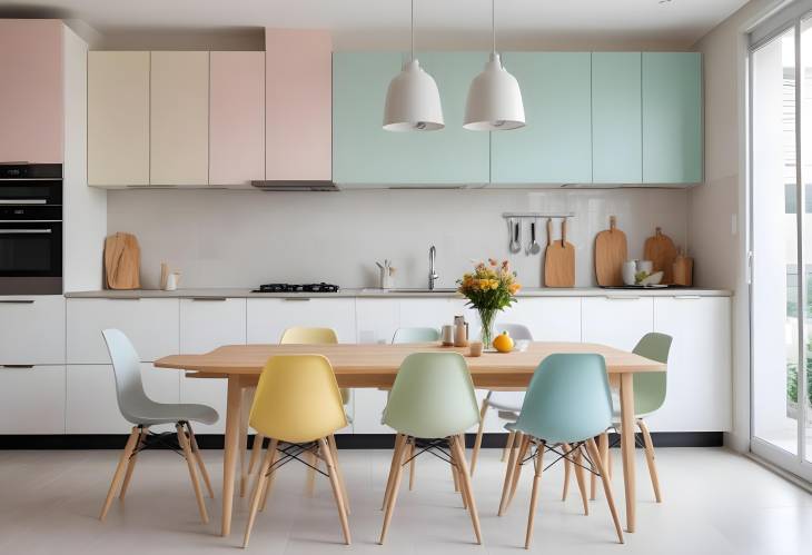 Modern Pastel Dining Room Empty Table and Chairs in Clean, Elegant Design