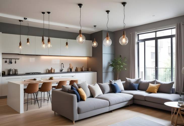 Modern Pendant Lighting in Kitchen, Cushions Neatly Arranged on Living Room Sofa