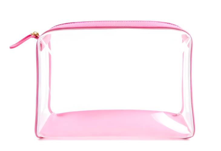 Modern Pink Leather and Transparent Cosmetic Bag Isolated on White Background