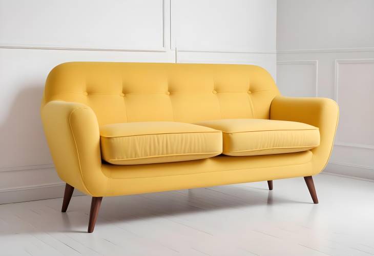 Modern Retro Yellow Sofa with Wooden Legs, Isolated on White Background