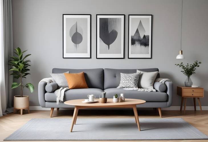 Modern Scandinavian Living Room Design with Grey Sofa, Retro Table, and Elegant Decor