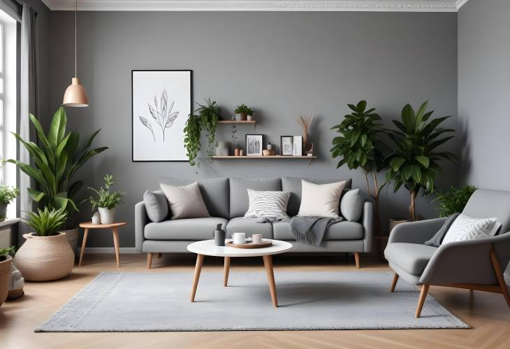 Modern Scandinavian Living Room Grey Sofa, Armchair, Houseplants, Coffee Table, Carpet, and Cozy