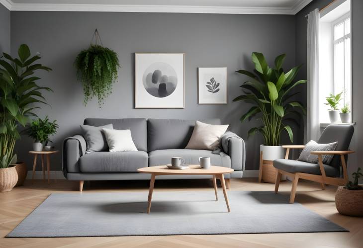 Modern Scandinavian Living Room Grey Sofa, Armchair, Plants, Coffee Table, and Cozy Carpet Design