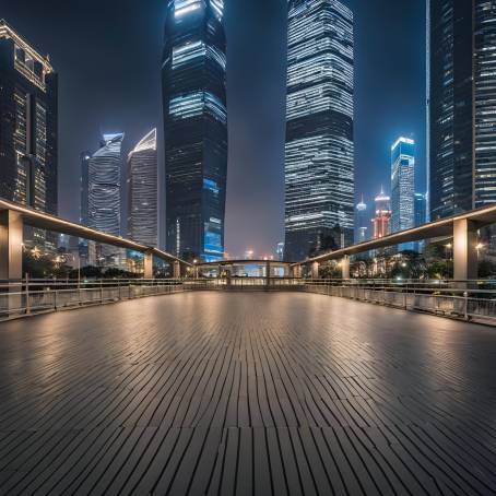 Modern Shanghai at Night Empty Square and Bridge in the Glow of City Lights