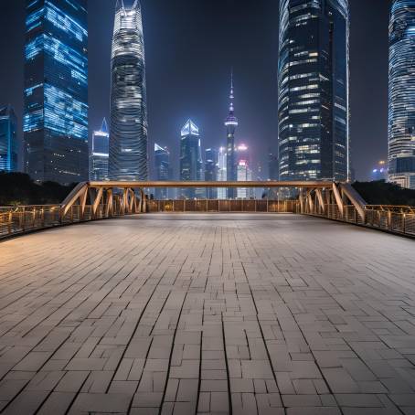 Modern Shanghai at Night Quiet Square and Bridge Under the City Glow