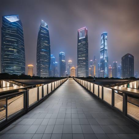 Modern Shanghai Skyline Empty Square Floor and Bridge Under the Night Lights