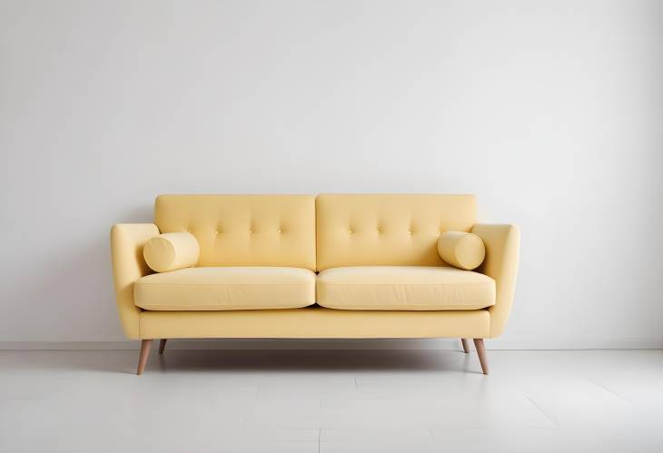 Modern Soft Yellow Couch Isolated on White  Stylish Fabric Sofa with Copy Space for Elegant Living