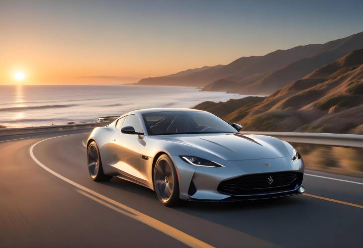 Modern Sports Car Driving Along a Coastal Road with Panoramic Ocean Views and a Dazzling Sunset