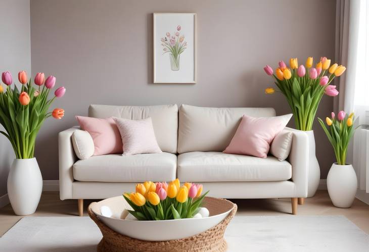 Modern Spring Living Room with Design Sofa, Tulips Vase, Easter Decorations, and Elegant Accessories