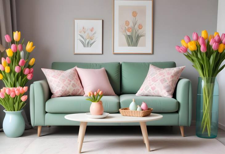 Modern Spring Living Room with Design Sofa, Tulips Vase, Easter Decorations, and Elegant Home