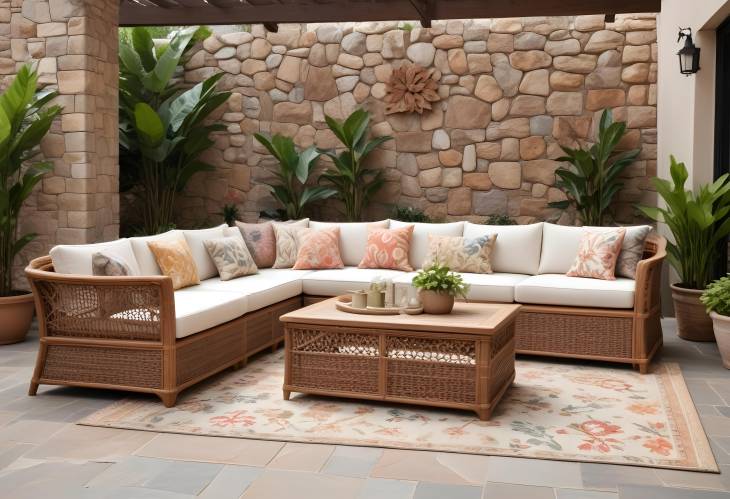 Modern Spring Patio Setup Rattan Sectional, Wicker Chairs, Botanical Rug, and Stone Wall Design