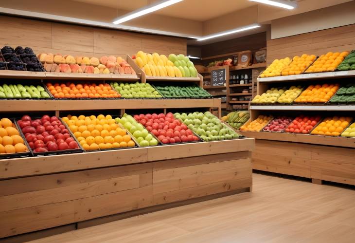 Modern Supermarket Fruit Display Fresh and Colorful Produce on Wooden Boxes with Soft Lighting