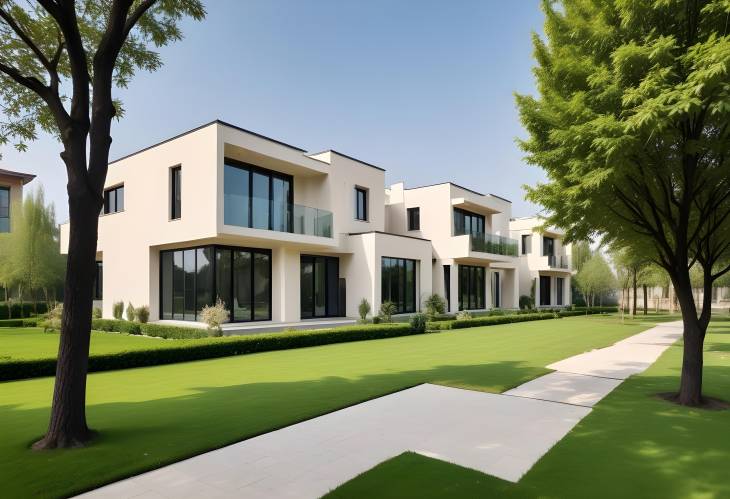 Modern Villas with Cream Facade and Black Glass Windows Surrounded by Greenery