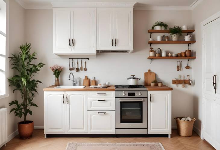 Modern White Kitchen with Classic Wooden Countertop, Vintage Fridge, and Elegant Decor